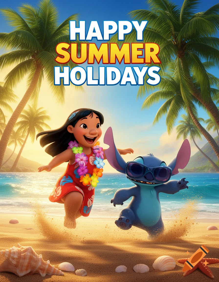 Lilo and Stitch characters joyfully jump on a sunny beach with palm trees, ocean, and text 'HAPPY SUMMER HOLIDAYS'.