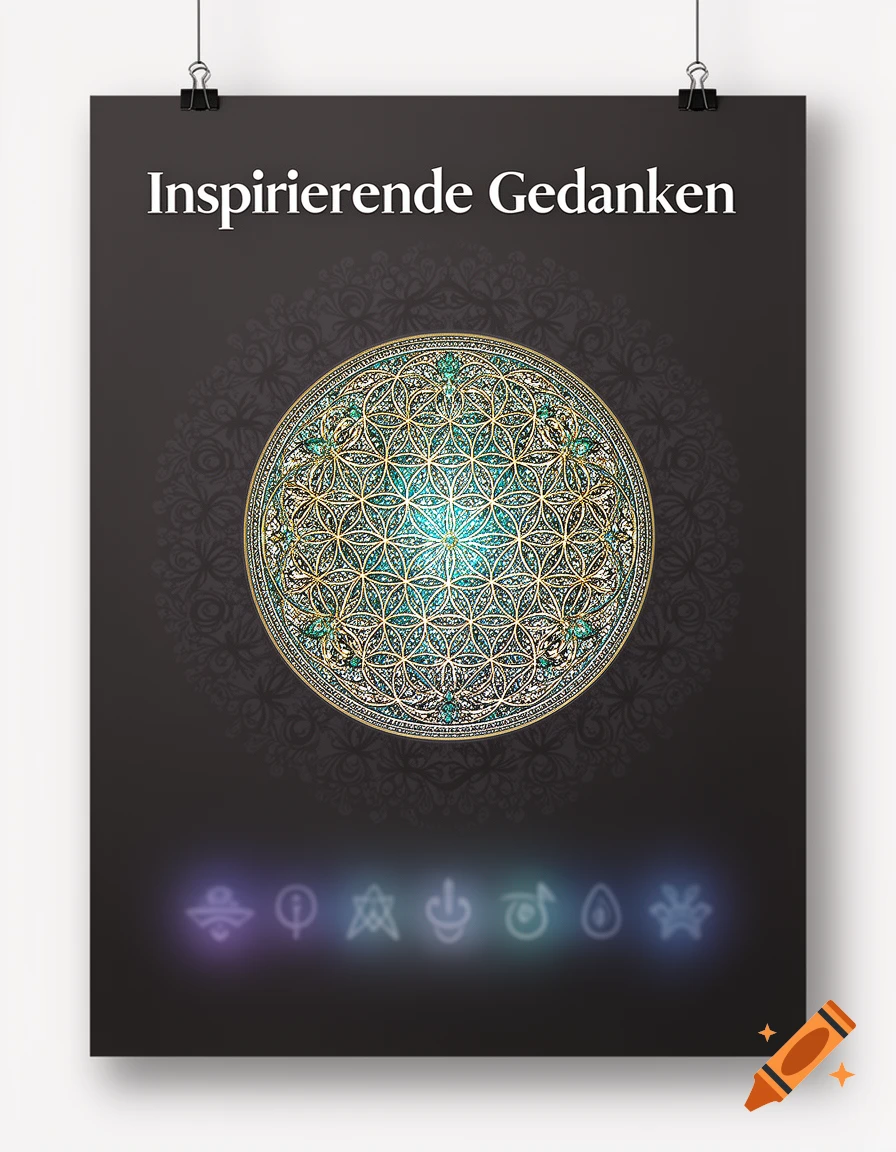 A dark poster with white text 'Inspirierende Gedanken', a prominent gold and teal 'Flower of Life' mandala, and glowing symbols.