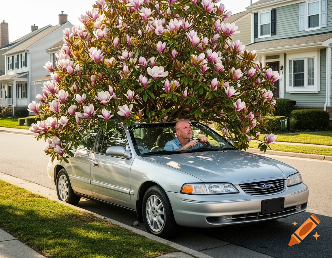 A bald man in a silver convertible car, which is overflowing with a giant blooming magnolia tree, parked on a suburban street.