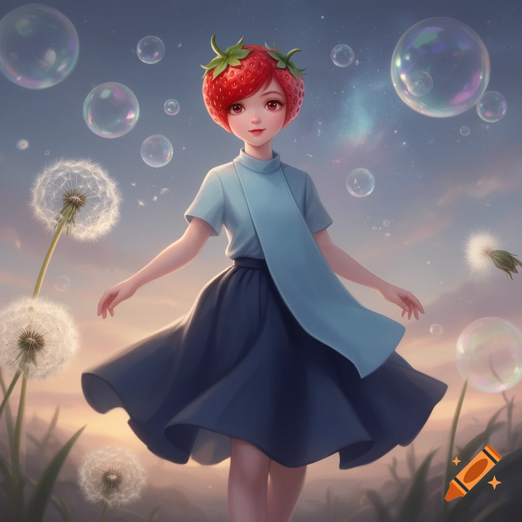 A whimsical anime girl with a strawberry head, light blue top, and dark blue skirt stands in a field surrounded by dandelions and bubbles.