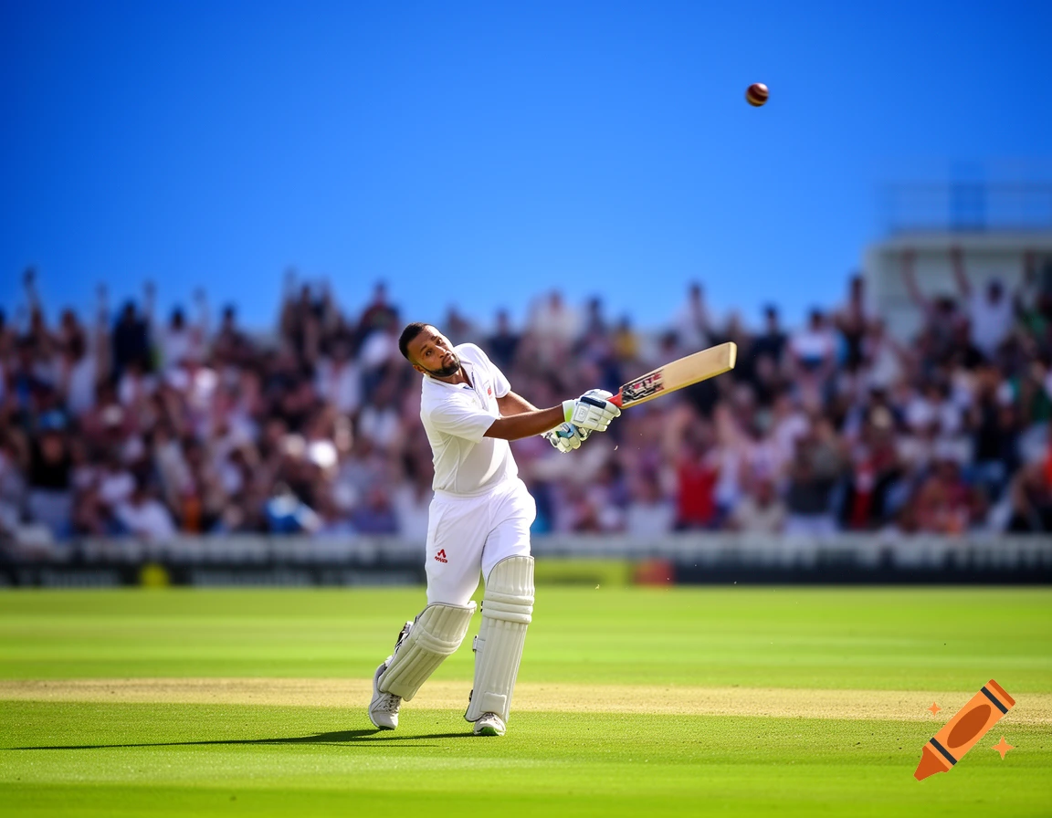 A cricketer in white uniform hits a ball with a bat, sending it high into the blue sky above a blurred stadium crowd.