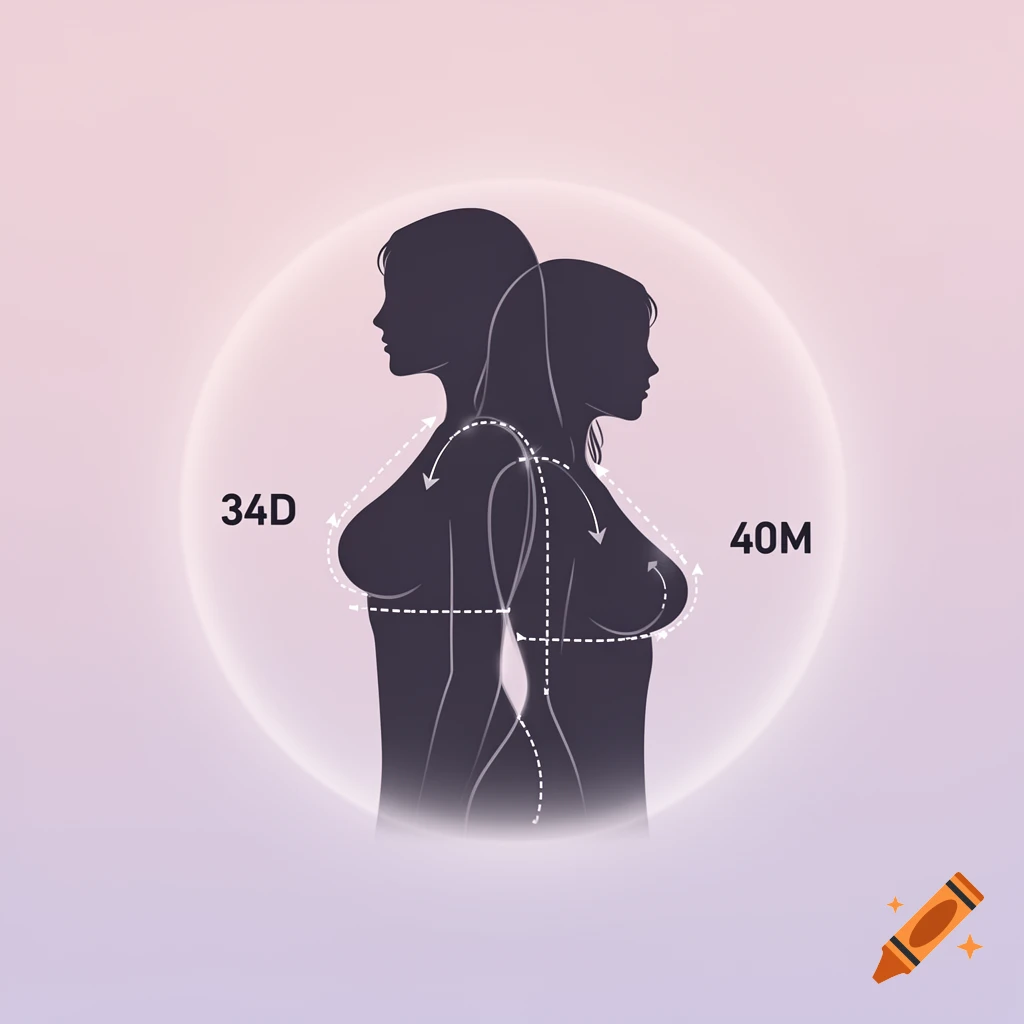 A silhouette pictograph comparing two female torsos, labeled 34D and 40M, illustrating bra size differences.