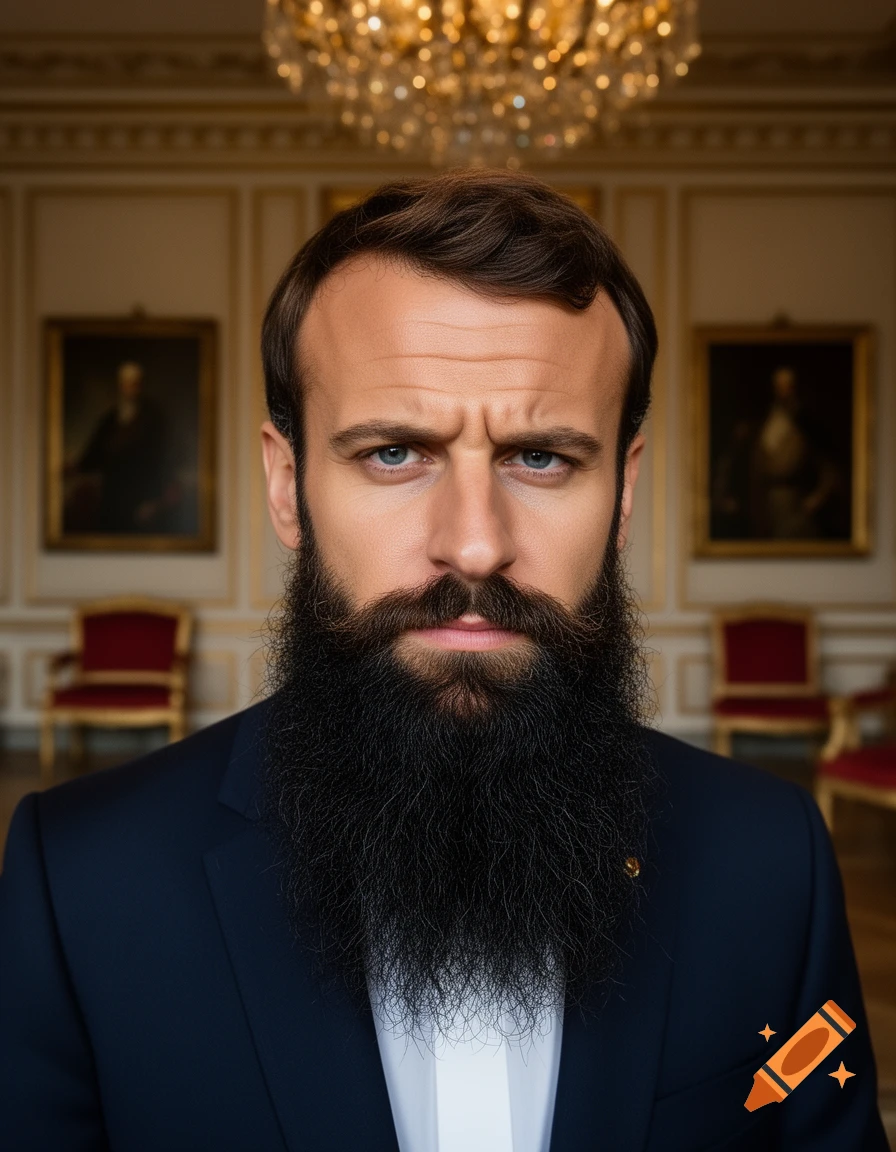 Photorealistic portrait of a stern man with a long black beard and dark suit, standing in an ornate room with a chandelier.
