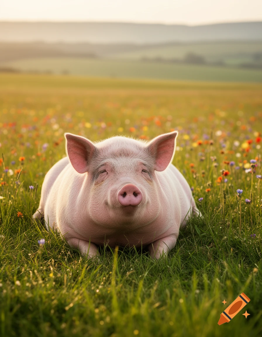A happy pink pig lies contentedly in a sunny field of green grass and colorful wildflowers, with rolling hills in the background.