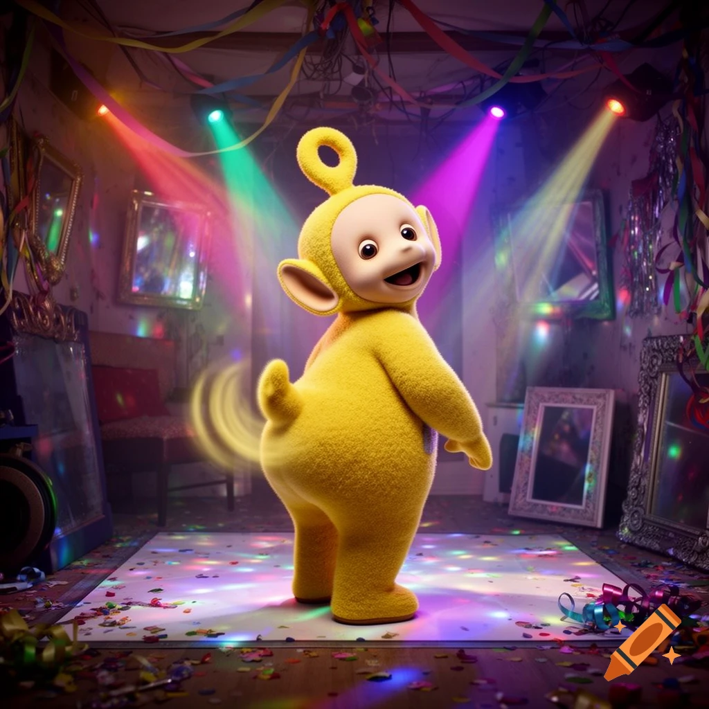 The yellow Teletubby, Laa-Laa, wiggles her bottom in a colorful, messy home disco with spotlights and confetti.