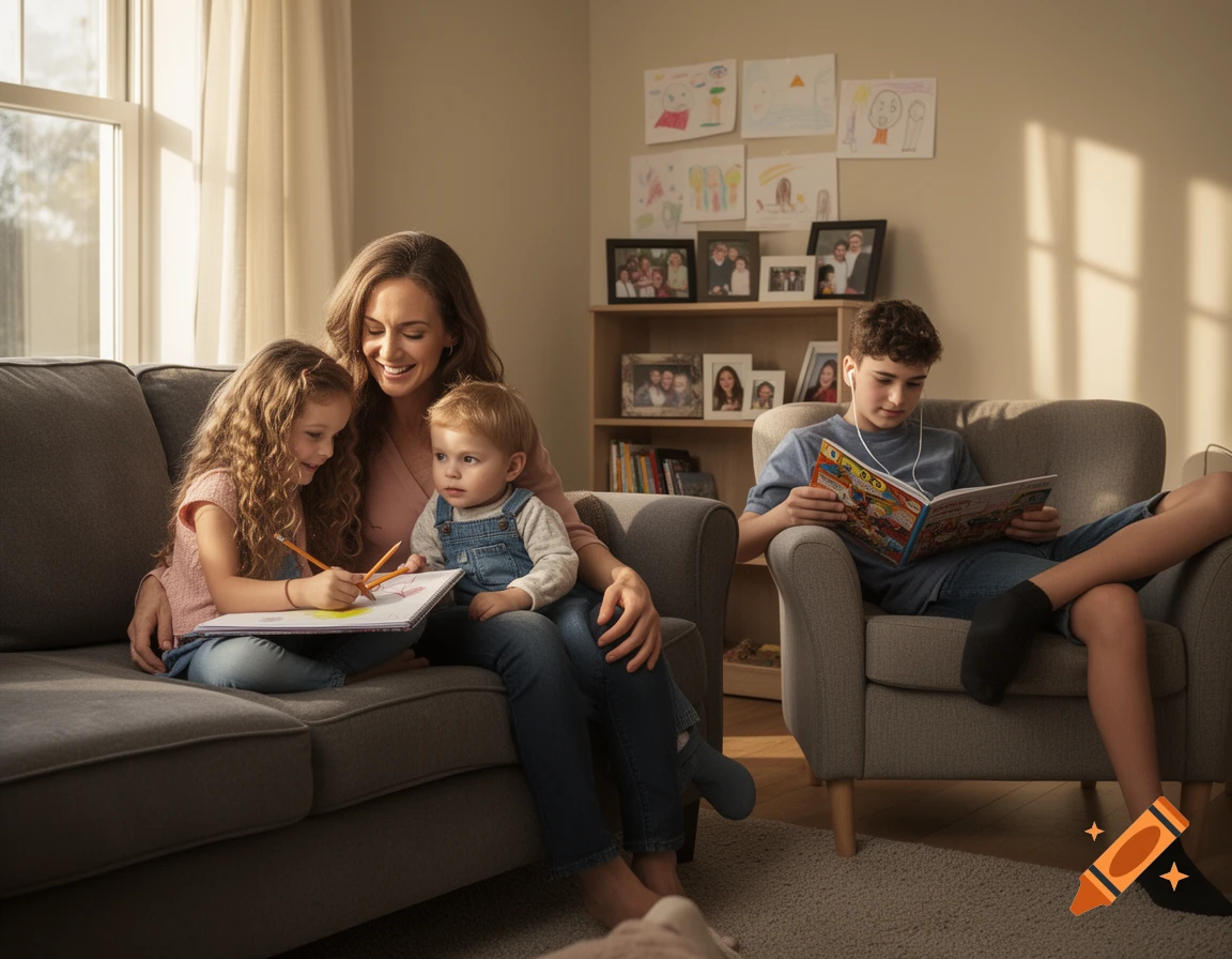 A mother and two young children sit on a couch as the girl draws. In the background, an older boy reads a book in an armchair.