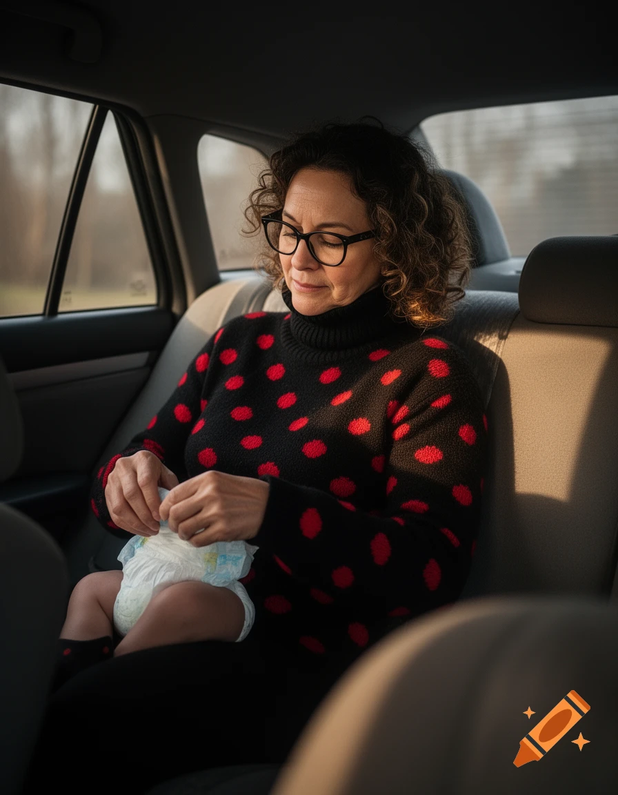 A middle-aged woman with curly hair and glasses in a red polka dot sweater changes a baby's diaper in the back seat of a car. Photorealistic.
