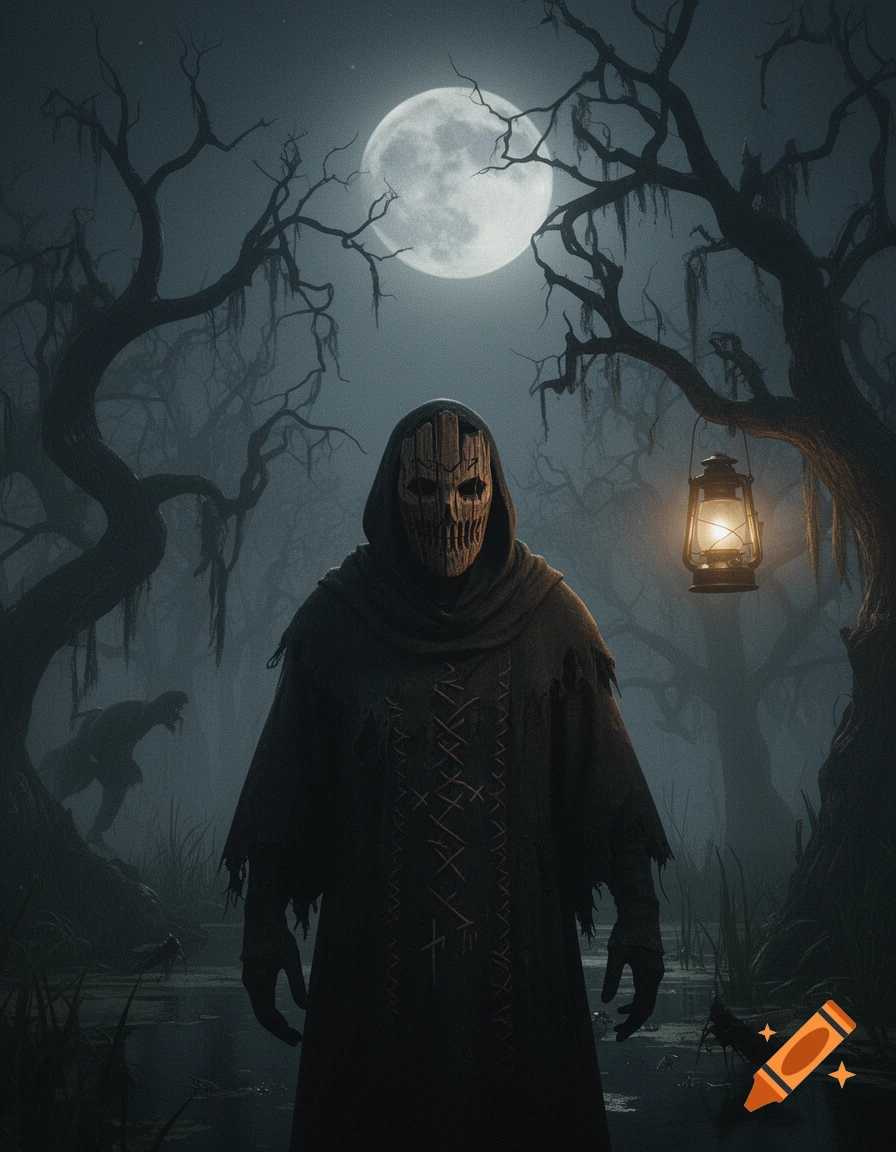 A hooded figure with a wooden mask stands in a moonlit, misty swamp with gnarled trees, holding a lantern.