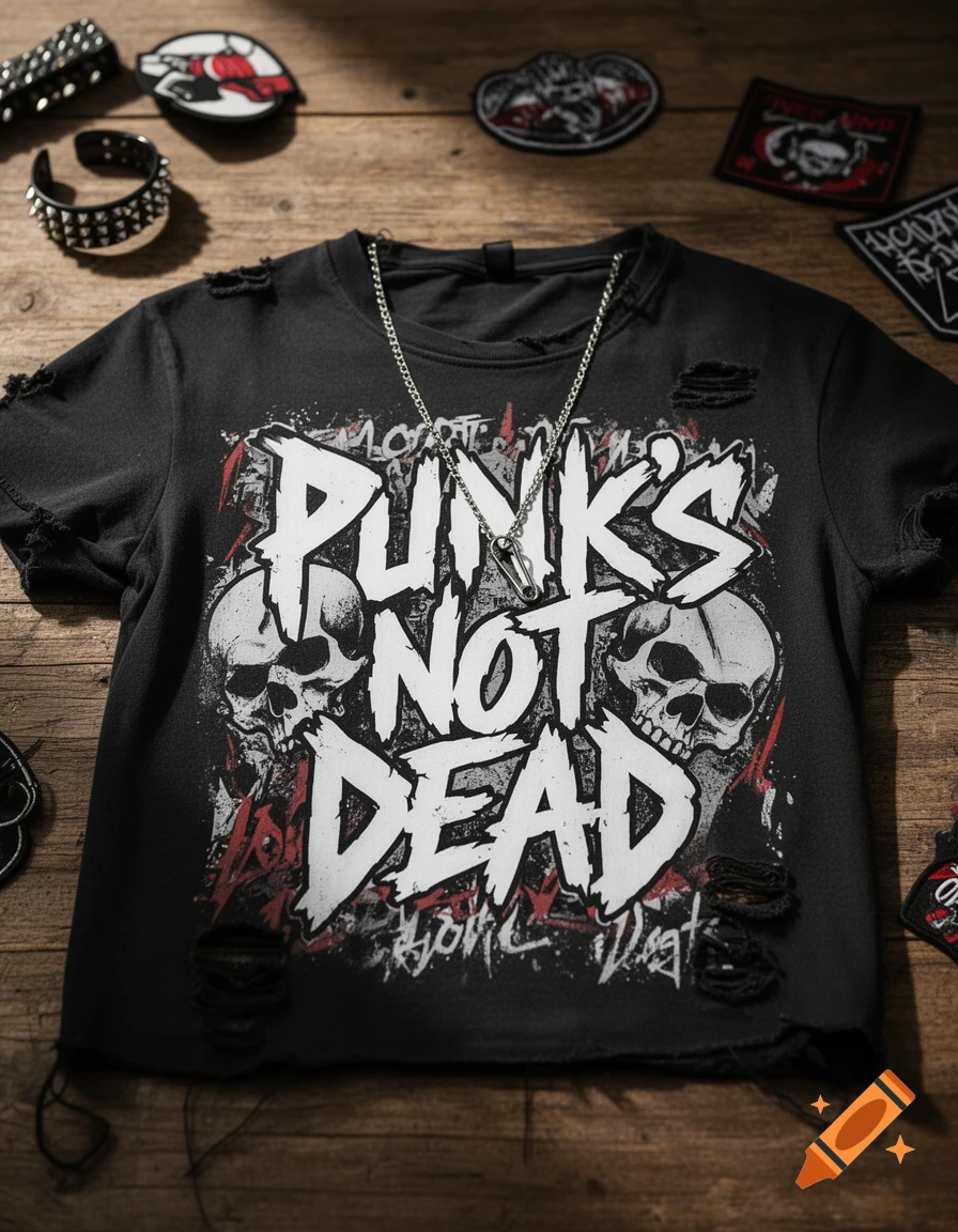 A distressed black t-shirt with 'PUNK'S NOT DEAD' text and skull graphics, accompanied by studded bracelets and patches, all displayed on a wooden surface.