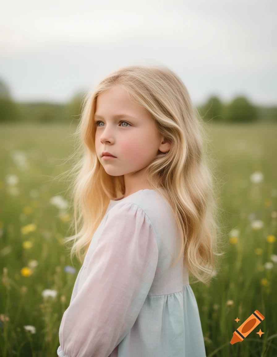 A photorealistic portrait of a young blonde girl with blue eyes, wearing a light blue dress, standing in a sunny field.