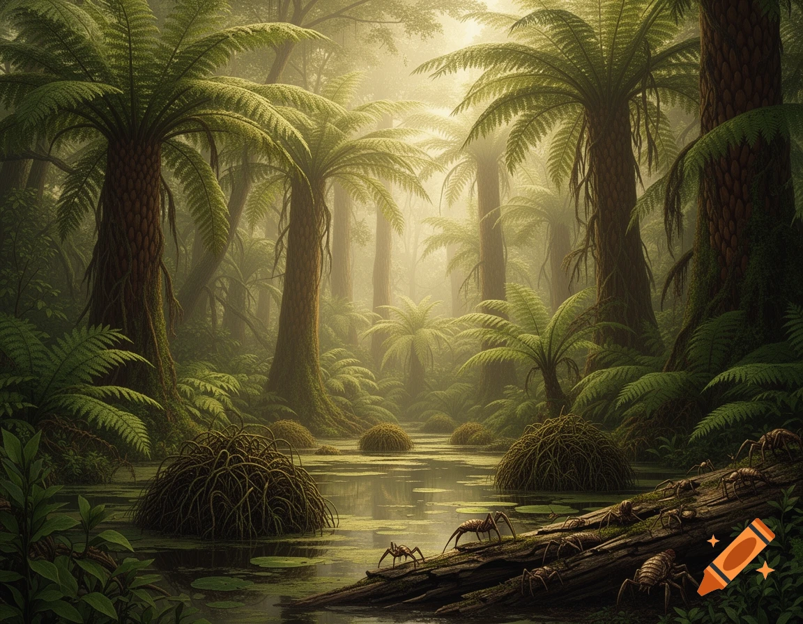 Lush, foggy prehistoric jungle with tall fern trees, a swampy river, and spider-like creatures on a log.
