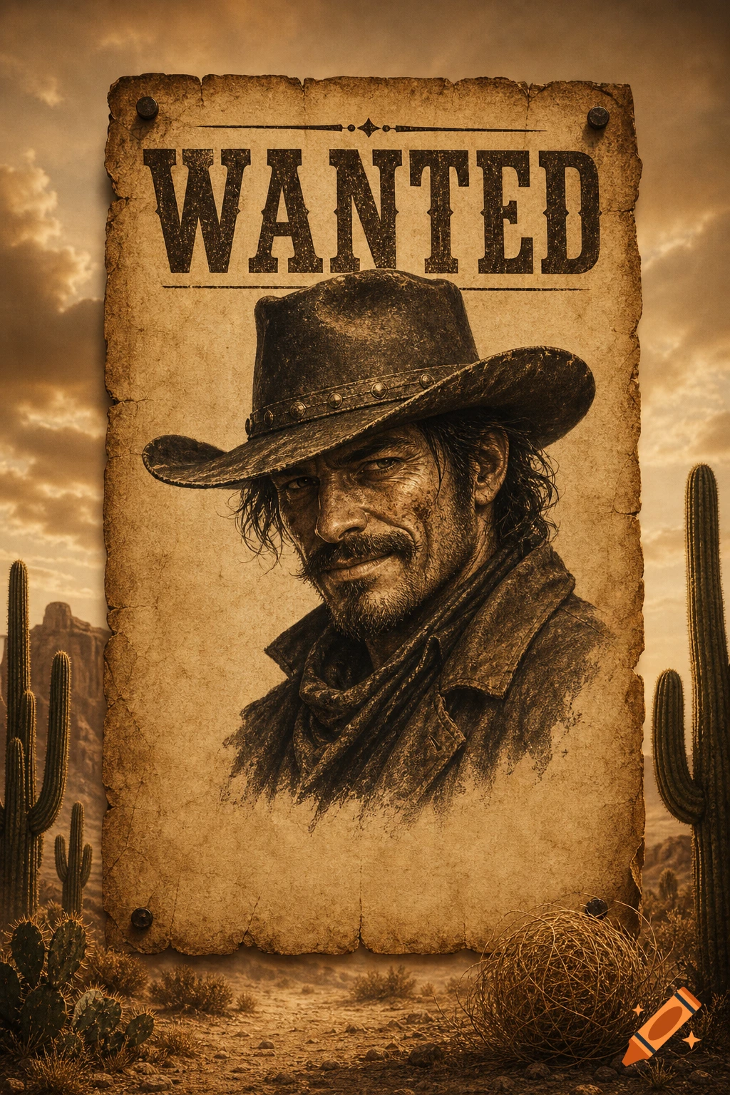 Vintage 'WANTED' poster featuring a rugged cowboy in a hat, set against a desert landscape with cacti and a sunset.
