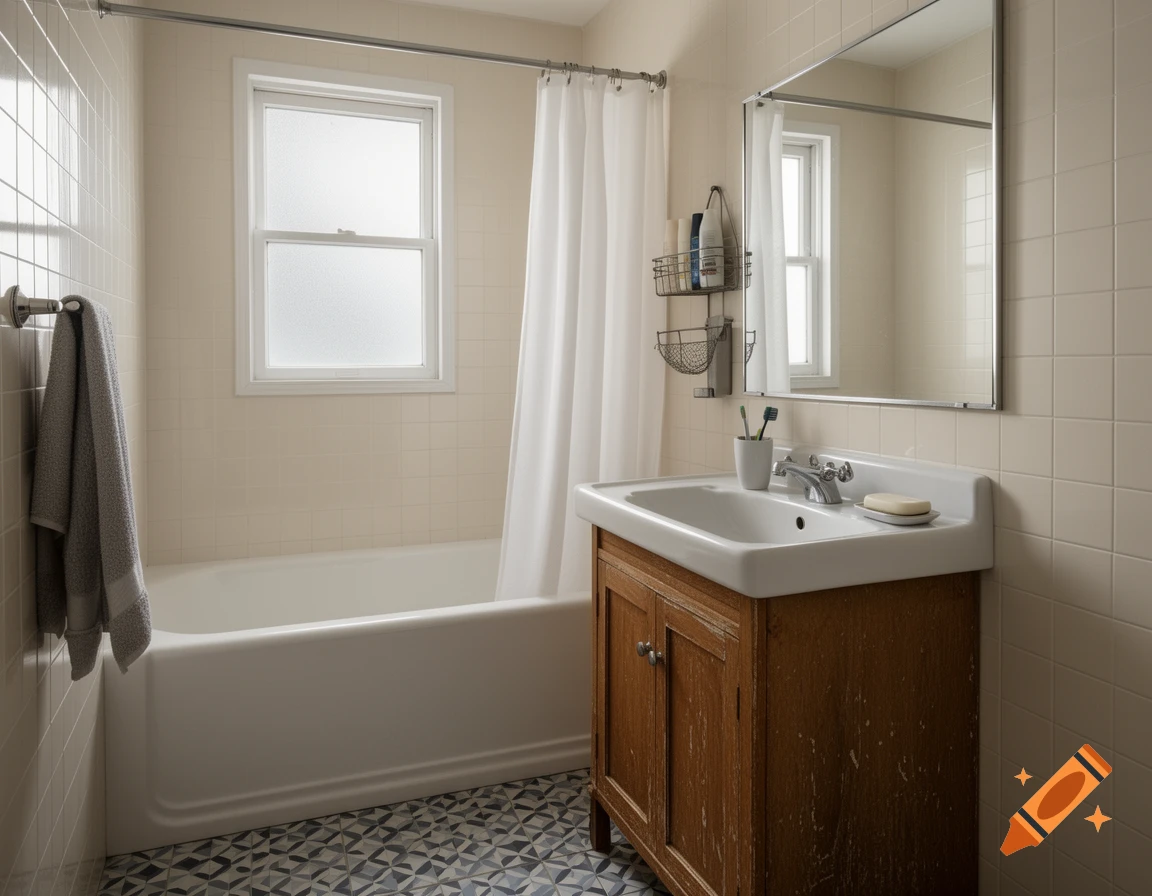 A modest and clean bathroom featuring a white bathtub, a wooden vanity with a sink, and patterned floor tiles.