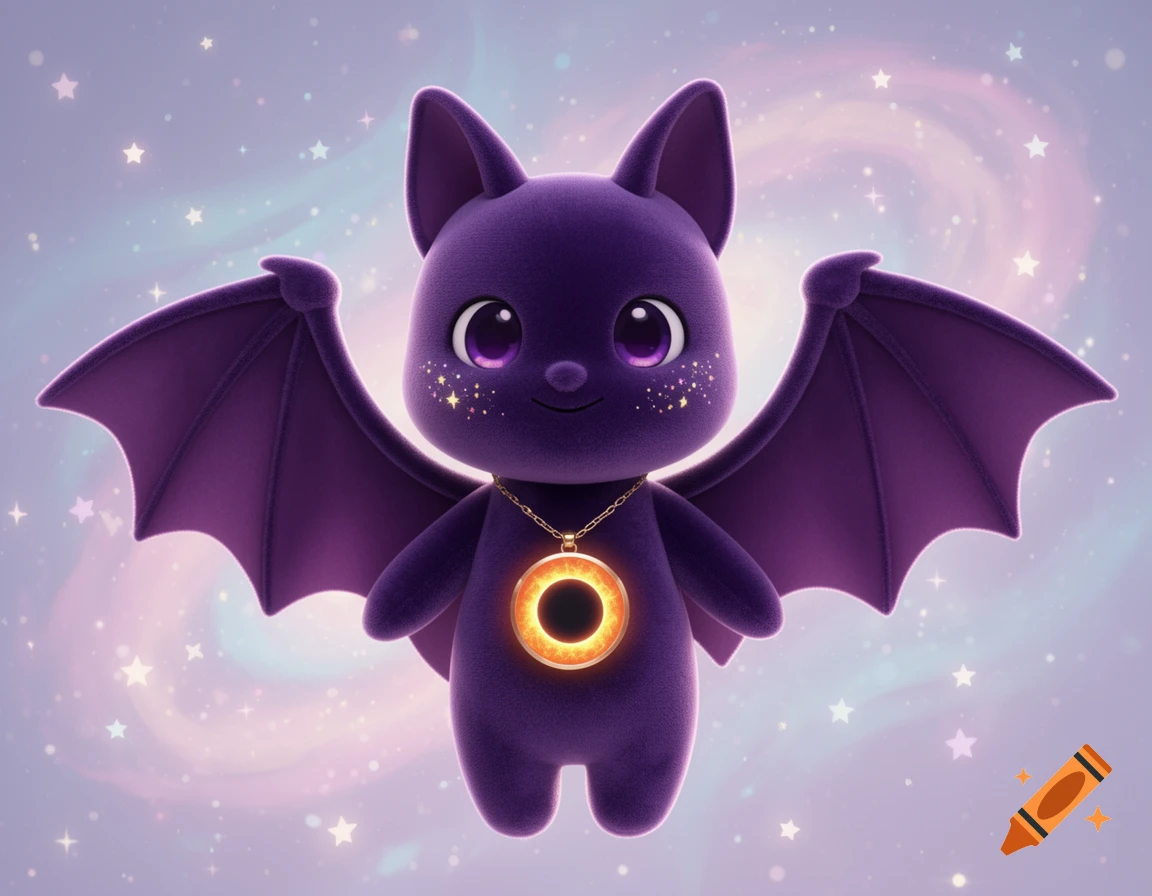 A cute plush purple bat character with large eyes, wings spread, and a glowing solar eclipse pendant against a starry cosmic background.