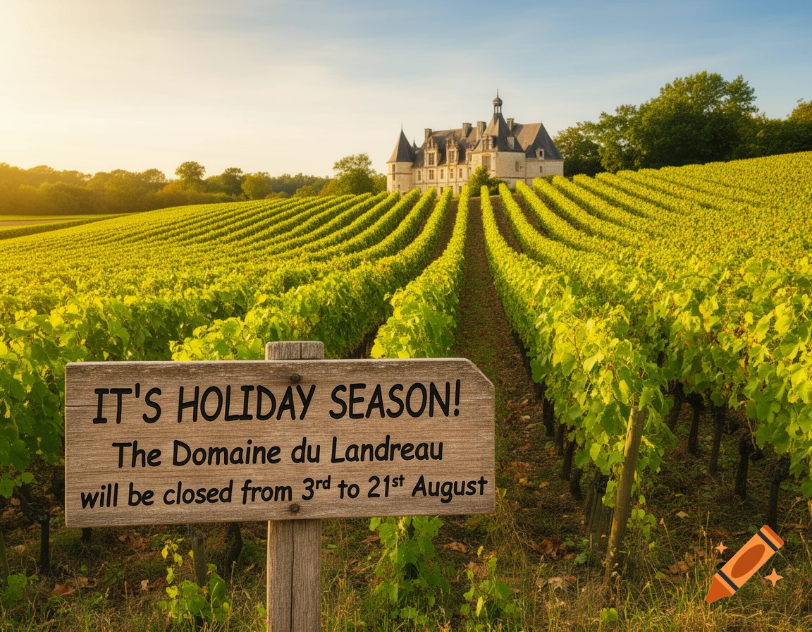 Photorealistic summer vineyard with a distant château. A wooden sign announces holiday closure dates.