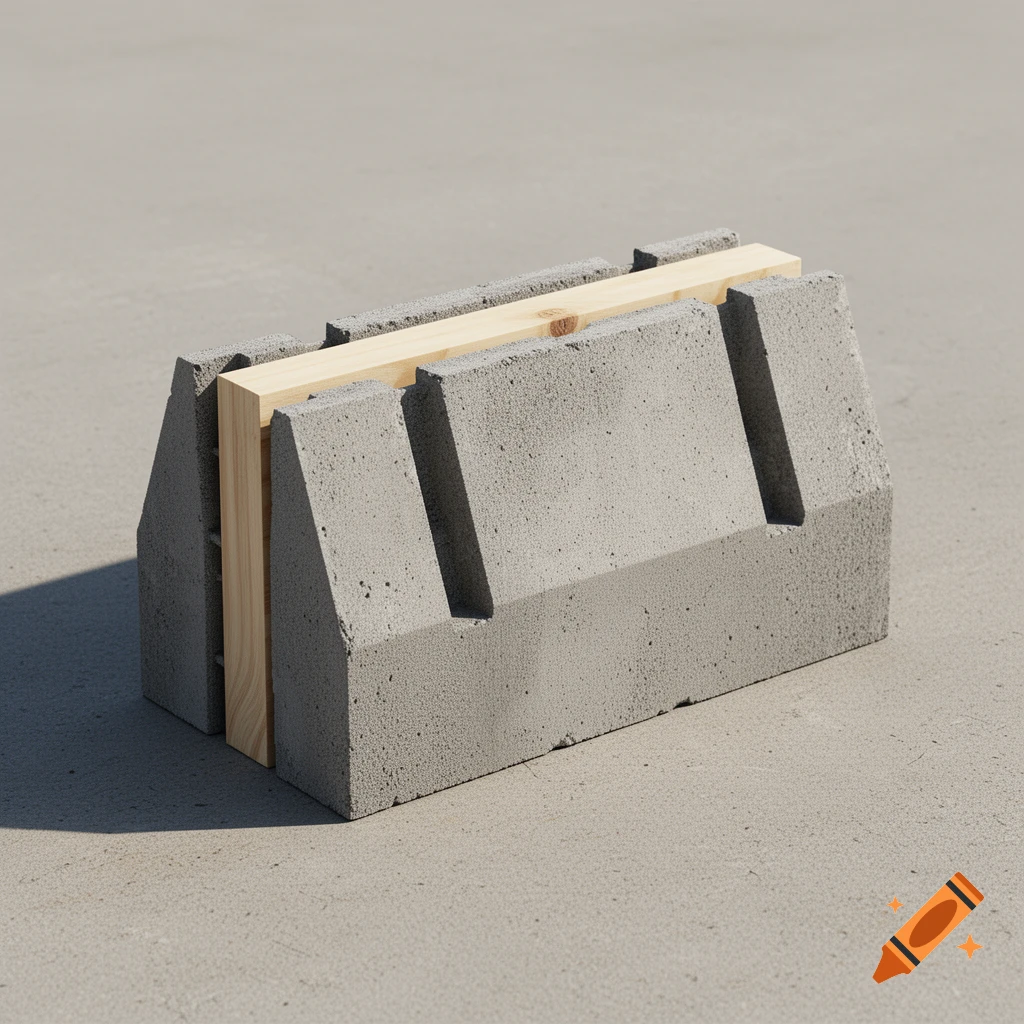 Two gray concrete blocks with a light wood plank inserted between them, resting on a concrete surface, photorealistic.