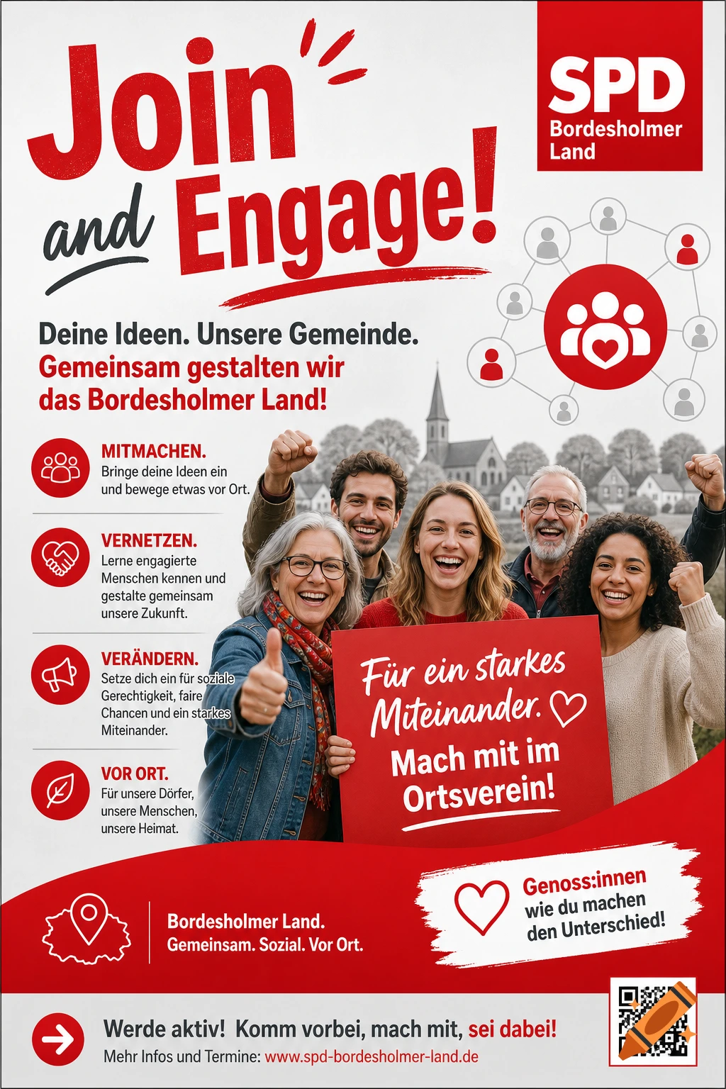 A vibrant German political poster for SPD Bordesholmer Land, featuring diverse smiling people holding a sign that reads 'Mach mit im Ortsverein!'