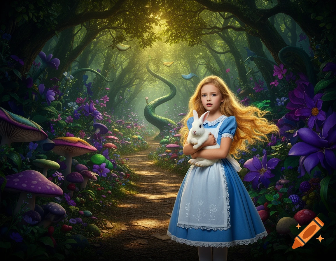 Alice in Wonderland in a blue dress, holding a white rabbit, walks on a path through a vibrant fantasy forest with glowing mushrooms.