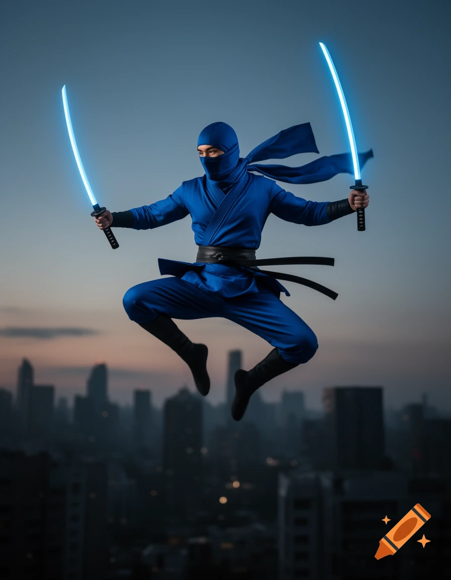 A blue ninja leaps through the air holding two neon blue katanas, silhouetted against a twilight city skyline.