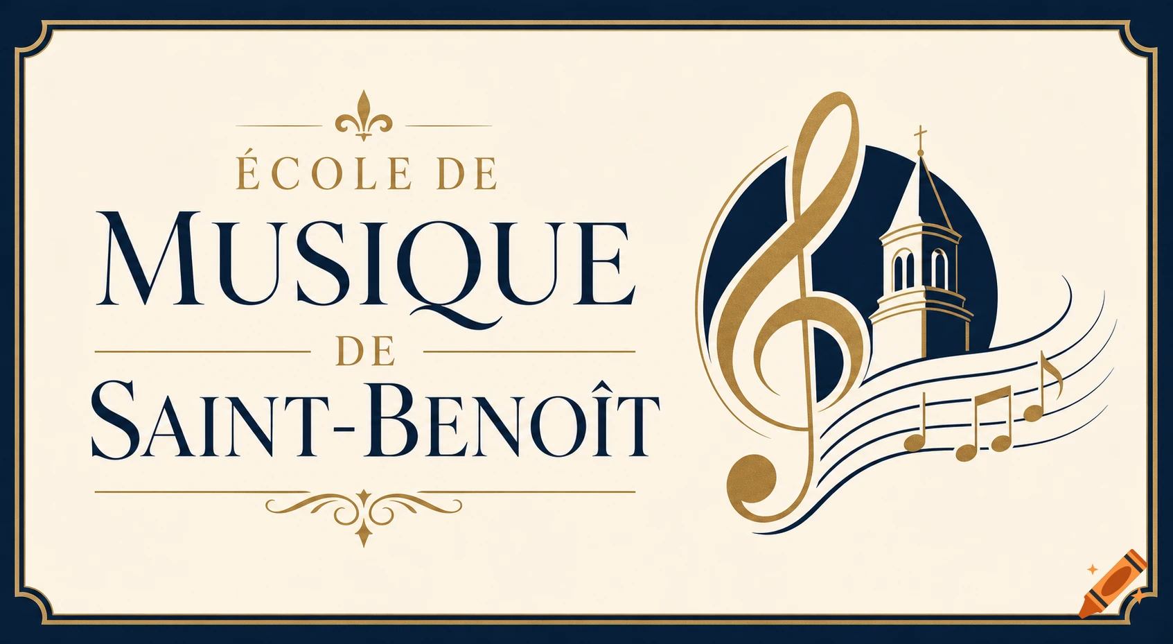 A cream and dark blue rectangular logo for 'École de Musique de Saint-Benoît' with a golden treble clef, musical notes, and a church tower.