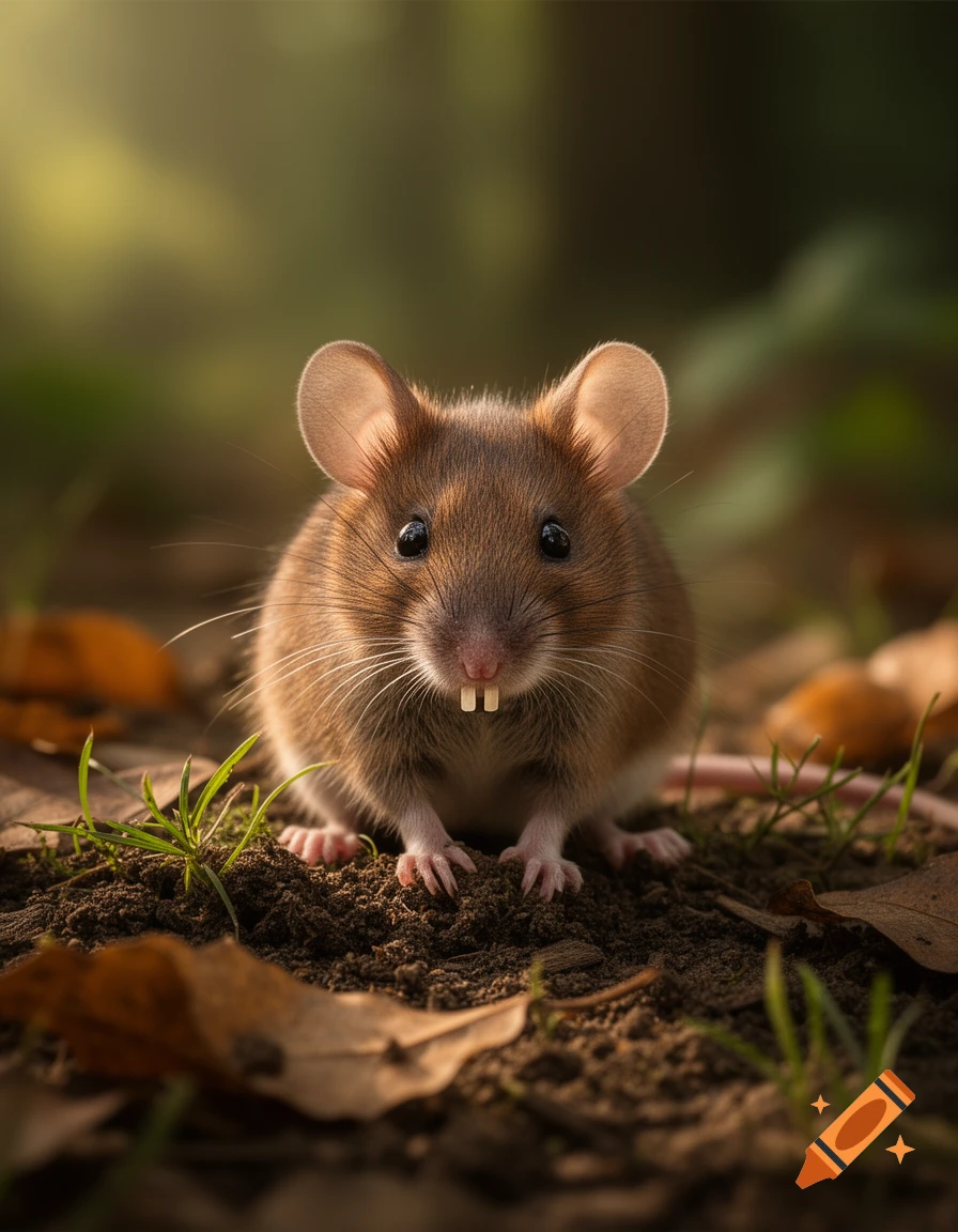 A cute brown mouse with prominent front teeth sits on dirt surrounded by fallen leaves and green grass in a photorealistic close-up.