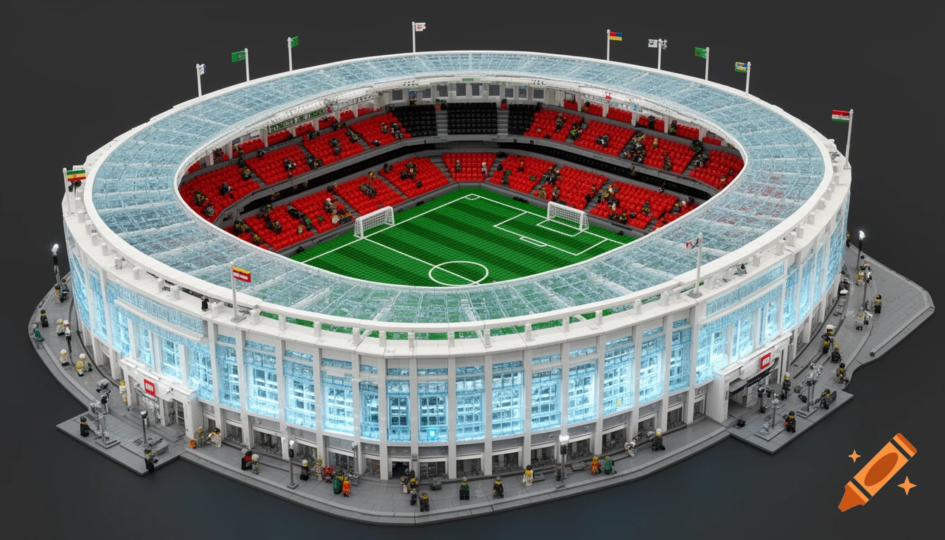 Aerial view of a detailed LEGO model of a modern oval football stadium with a green field, red seats, and transparent roof.