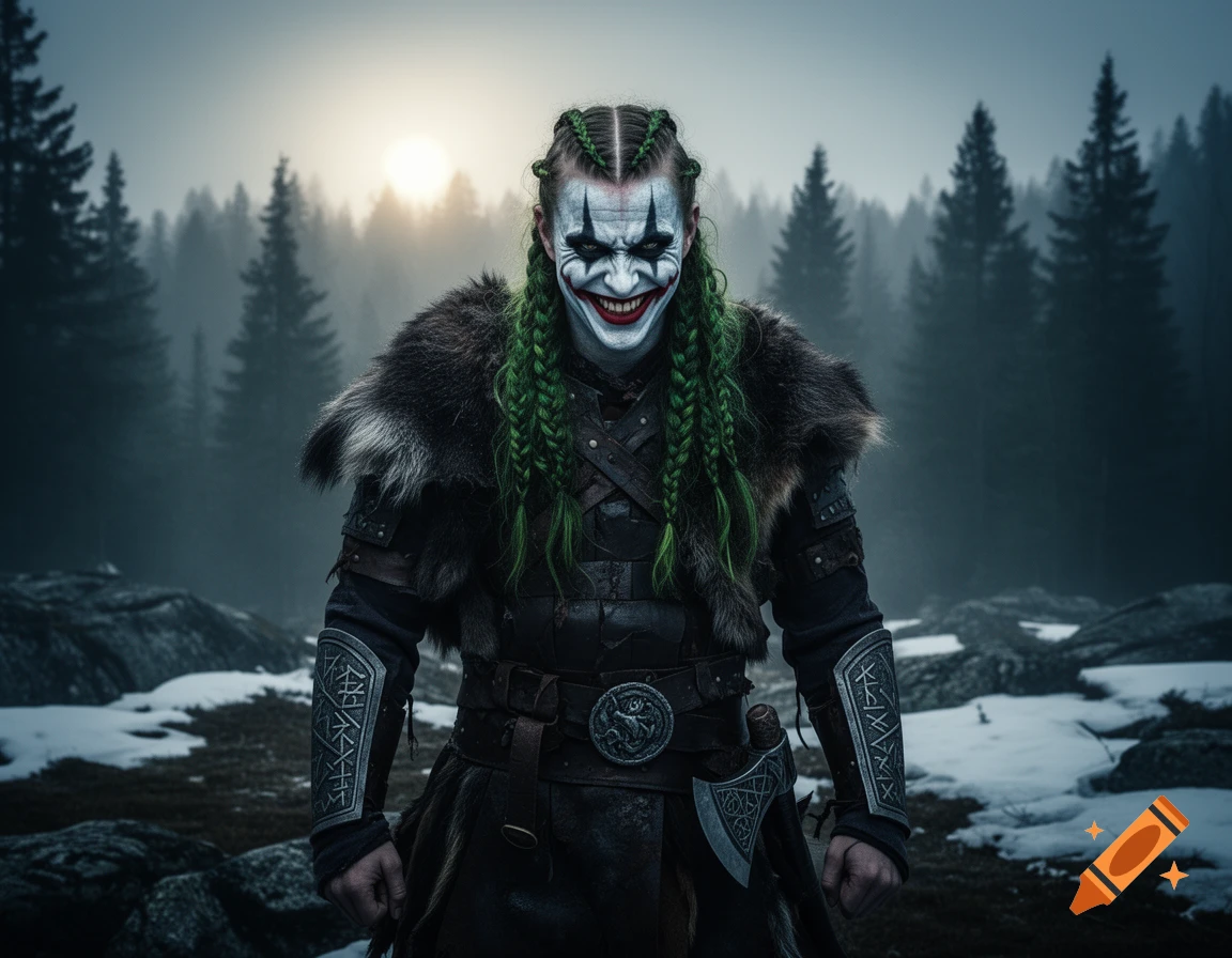 A Joker-like viking with green braided hair and white face paint in fur and leather armor stands in a snowy forest.