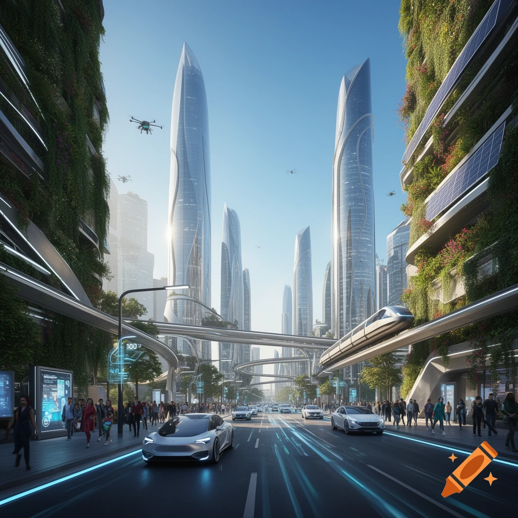 Photorealistic futuristic city with towering skyscrapers, elevated monorail, flying drones, electric cars, and lush vertical gardens.