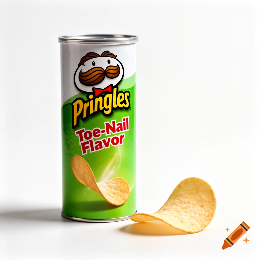 Photorealistic image of a green Pringles can labeled "Toe-Nail Flavor" next to a single potato chip on a white background.