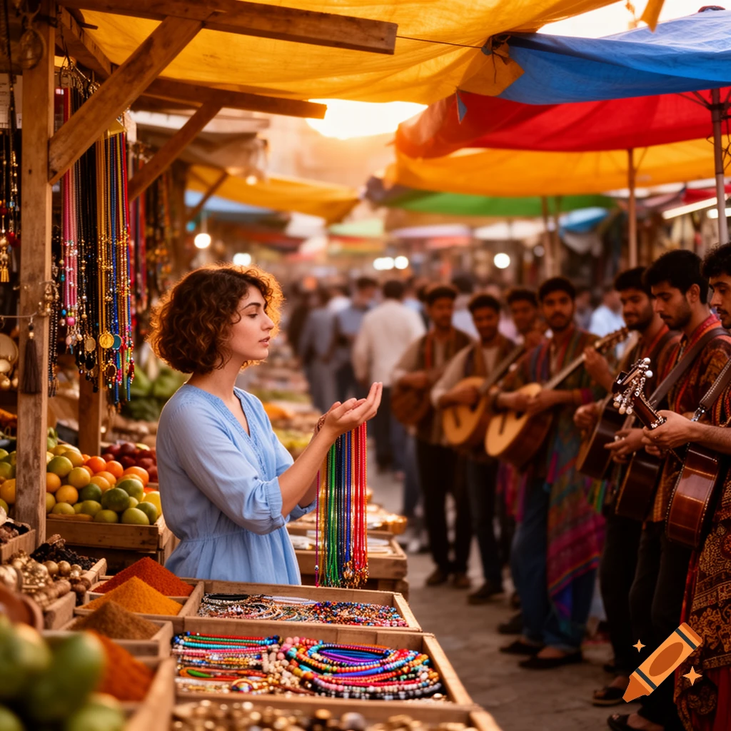 A woman holding colorful necklaces at a vibrant market stall, with musicians playing instruments in the background under warm sunlight.