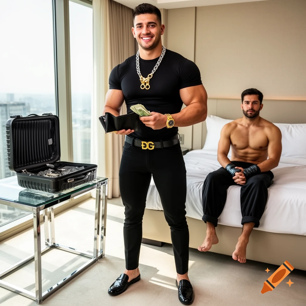 A muscular man in a black outfit stands in a hotel room, counting money from a wallet, while another shirtless man sits on a bed with hands wrapped in black tape.