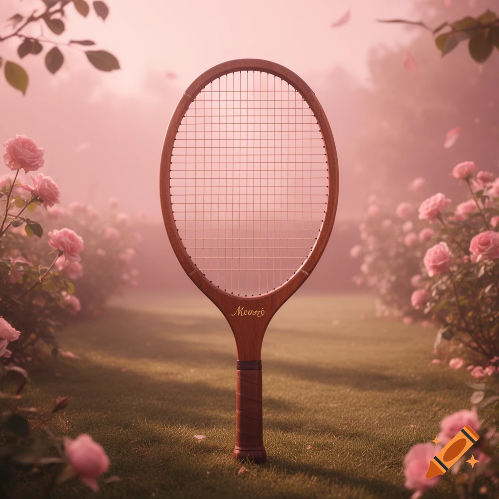 Vintage wooden tennis racket stands in a dreamy, pink-hued rose garden with petals falling, bathed in soft light.