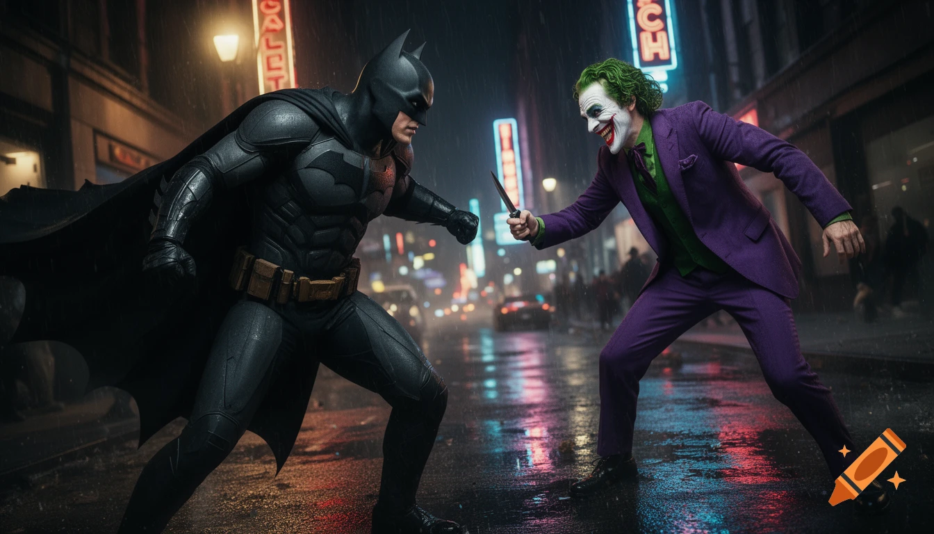 Batman and Joker confront each other on a rainy, neon-lit city street at night, Joker wielding a knife.
