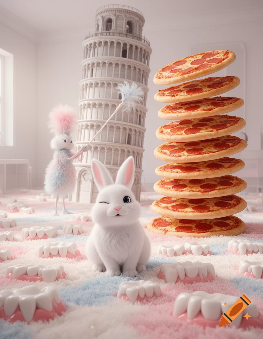A winking white bunny sits on a pink and blue shag carpet among scattered teeth. Behind it, a fuzzy creature with a duster cleans the Leaning Tower of Pisa, next to a tall stack of pizzas.