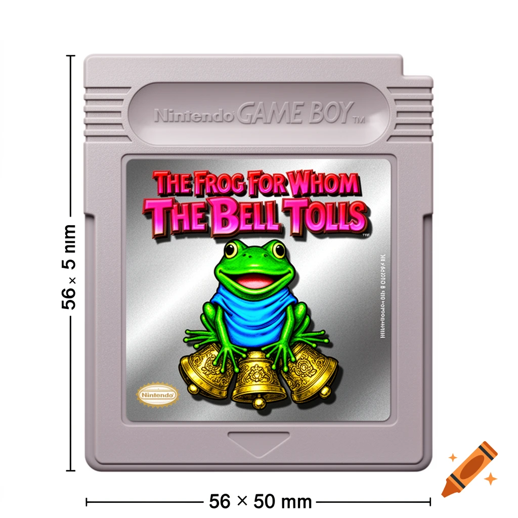 A photorealistic Nintendo Game Boy cartridge with a custom label for "THE FROG FOR WHOM THE BELL TOLLS." The label features a cheerful green frog in a blue tunic sitting on three golden bells, set against a metallic silver background with branding.