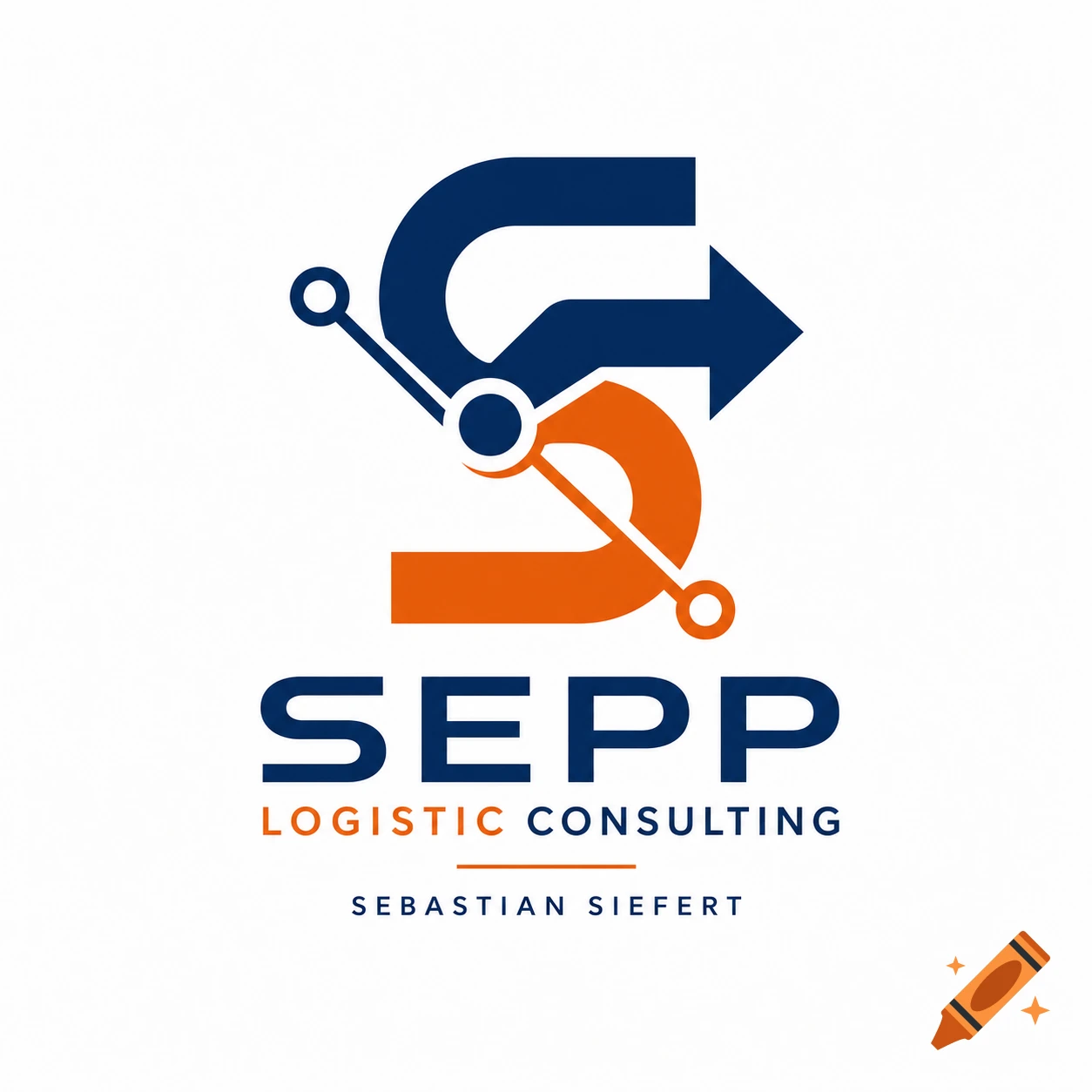 A minimalist modern logo for 'Sepp Logistic Consulting' featuring a stylized navy blue and orange 'S' with a forward-moving arrow and network node.
