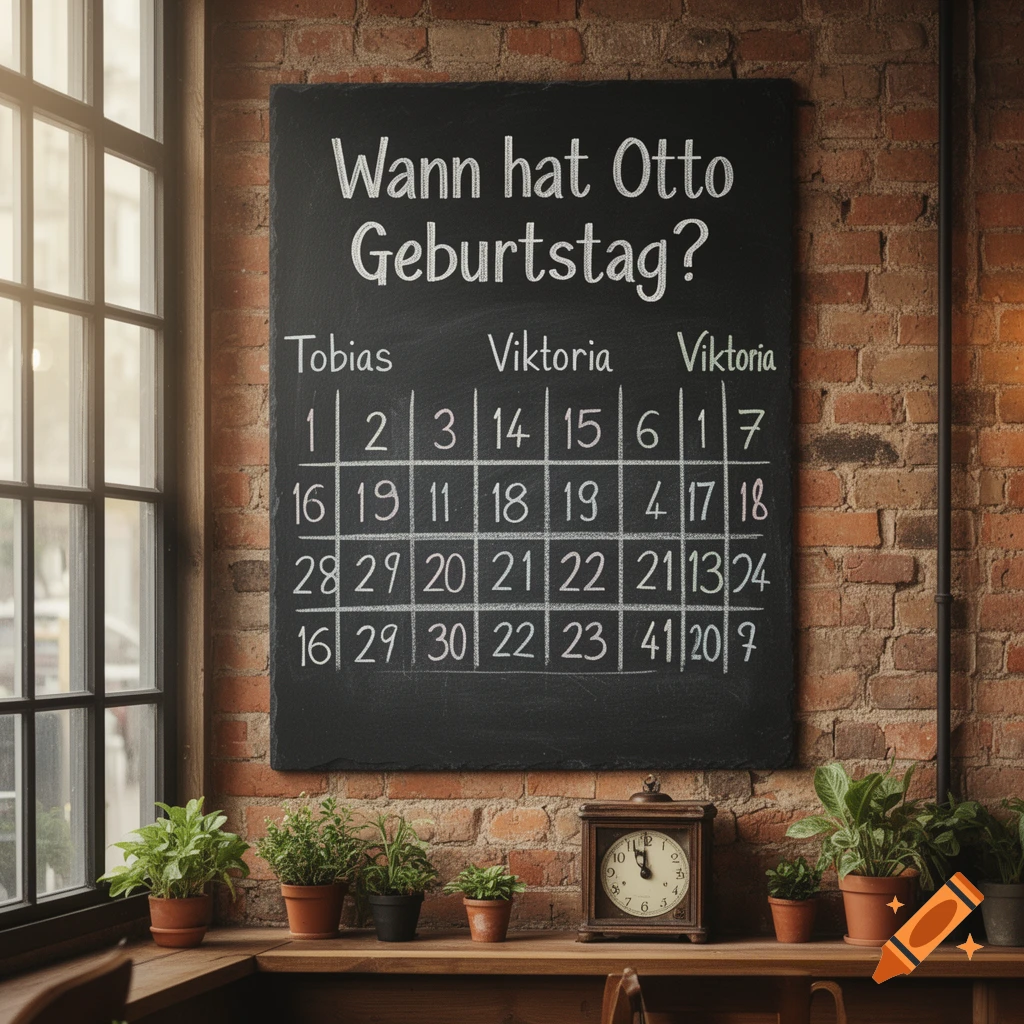 A chalkboard on a brick wall displays the German puzzle "Wann hat Otto Geburtstag?" with a grid of numbers, flanked by a window with plants and a clock.