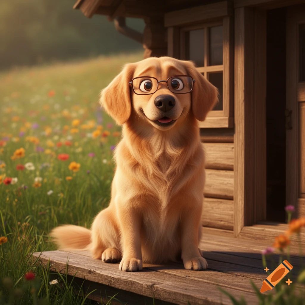 A cute cartoon golden retriever with round glasses sits on a wooden porch, smiling in a sunny field of wildflowers.