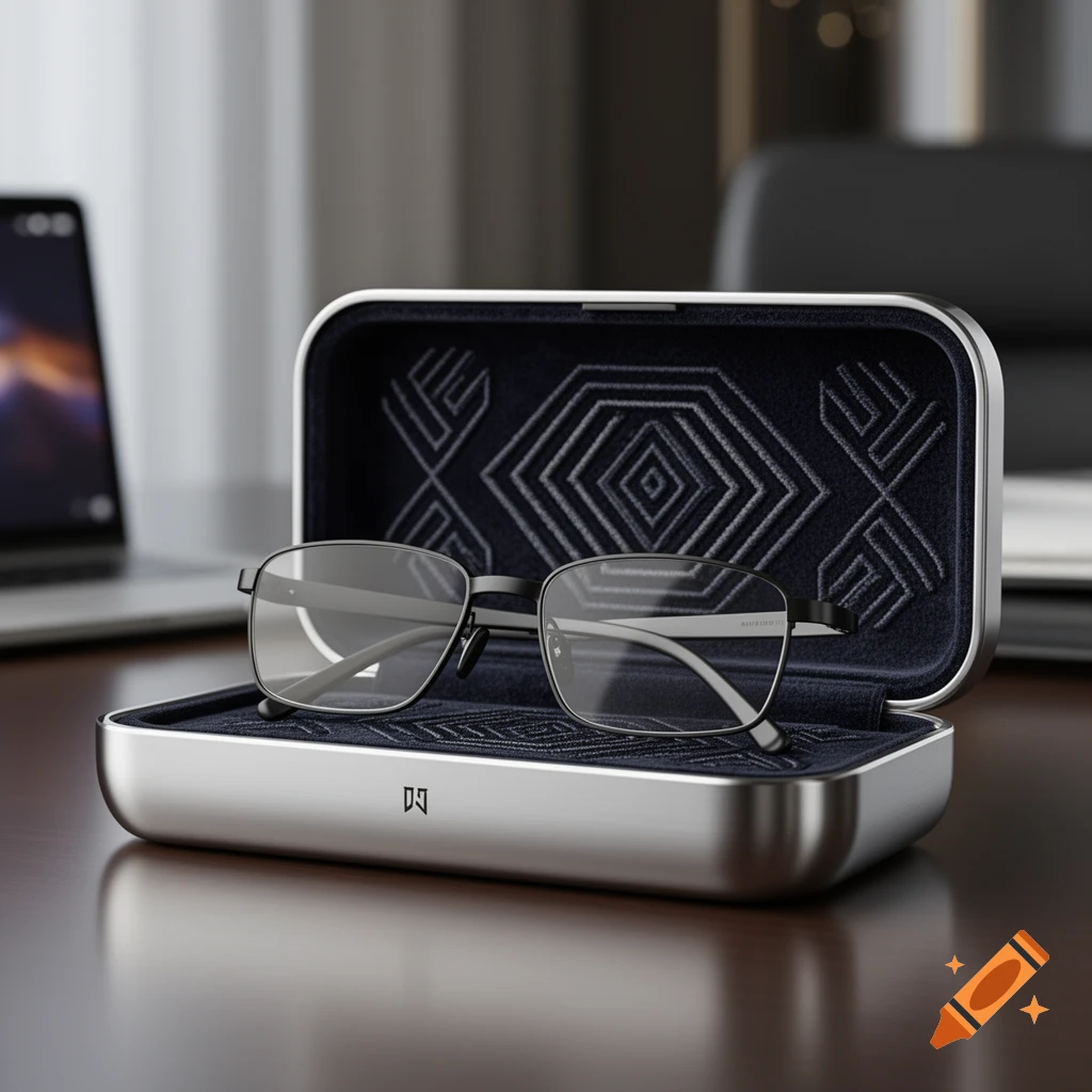 A pair of modern glasses rests inside an open, fancy metal charging case on a wooden desk.