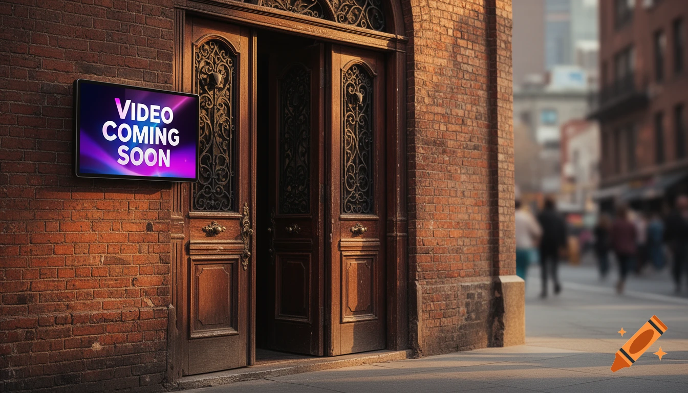 A digital sign on a brick building with ornate wooden doors reads 'VIDEO COMING SOON' on a blurry urban street.