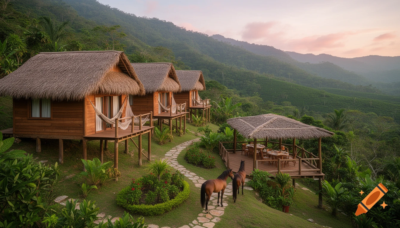 Photorealistic eco-lodge bungalows and outdoor restaurant on a green mountain hillside, with horses on a path, at sunrise.