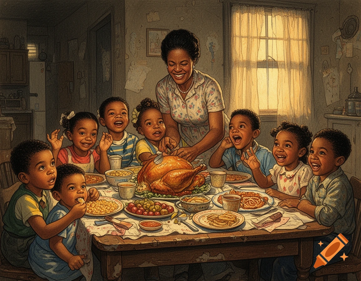 A smiling mother carves a large turkey while surrounded by eight joyful children at a full Thanksgiving dinner table, in a Norman Rockwell-like illustration.