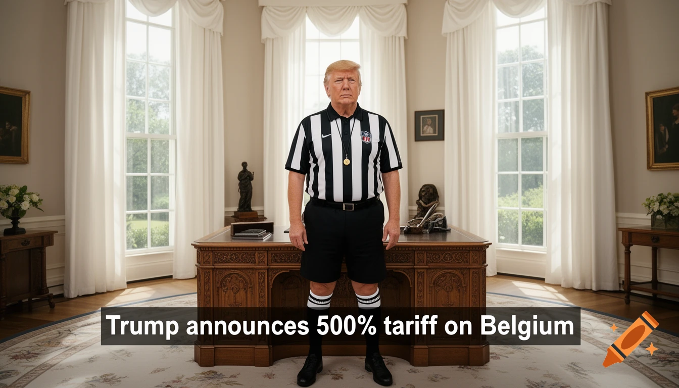 Donald Trump dressed as a football referee stands in the Oval Office. A caption beneath reads, "Trump announces 500% tariff on Belgium".
