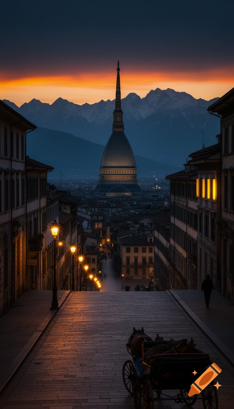 Photorealistic image of Turin, Italy at dusk. A street descends towards the Mole Antonelliana with mountains and an orange sunset. A carriage sits on the road.