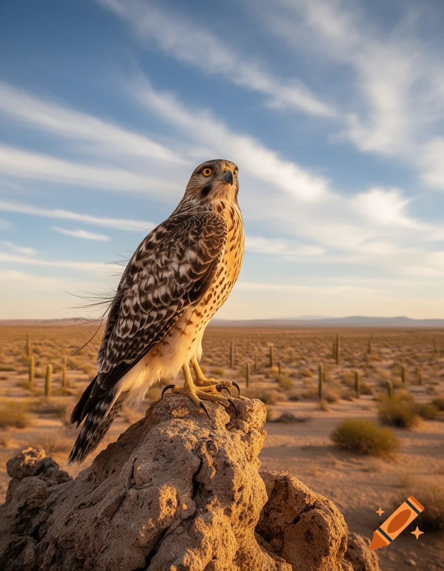 Photorealistic image of a hawk perched on a rock in a sunny desert landscape with cactuses under a blue sky.