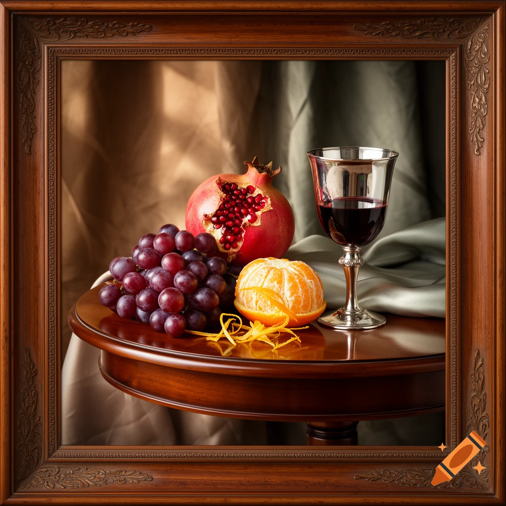 A still life with a cut pomegranate, a bunch of grapes, a peeled orange, and a glass of red wine on a wooden table, framed.