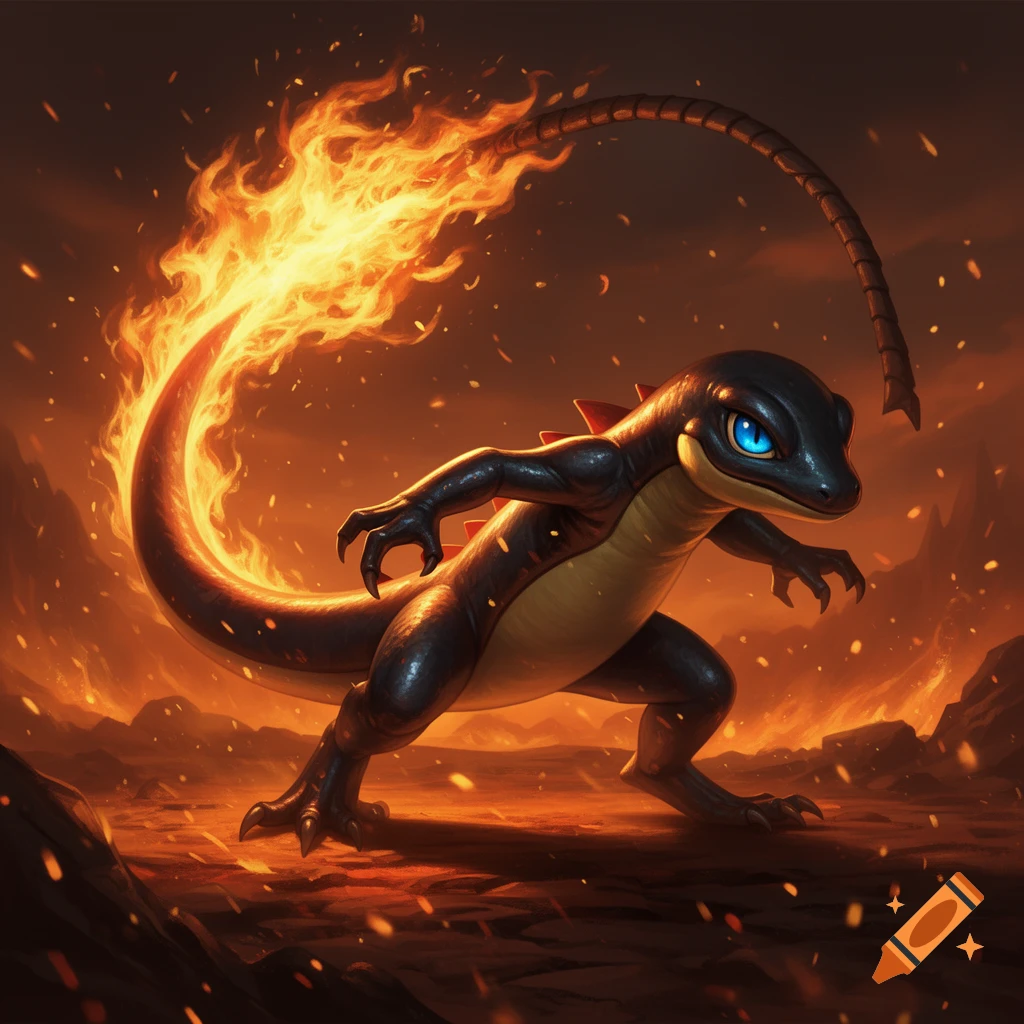 A sleek, black lizard-like creature with glowing blue eyes and a tail engulfed in fire, standing in a volcanic landscape.