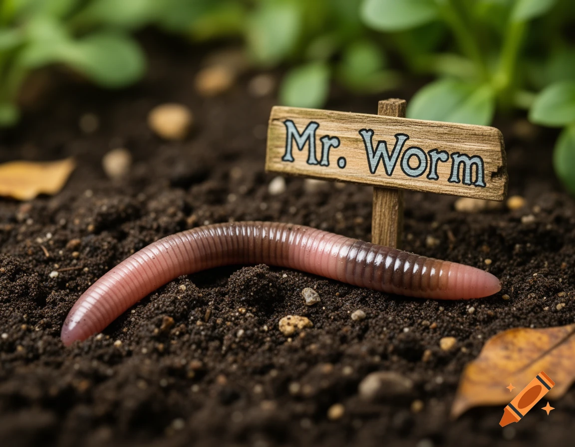 A photorealistic close-up of an earthworm on dark soil next to a wooden sign that reads 'Mr. Worm' with green plants in the background.