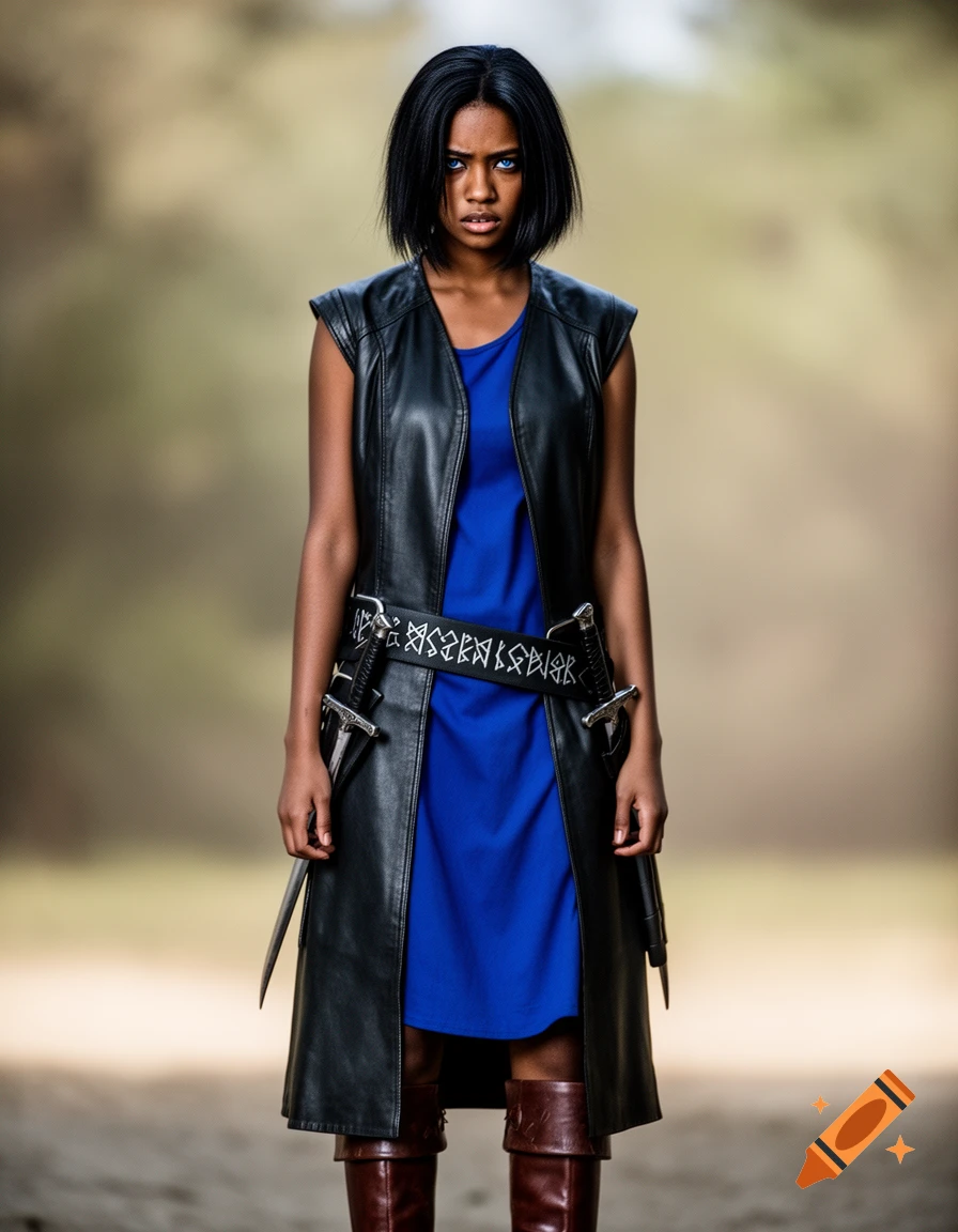 A dark-skinned woman with piercing blue eyes and short black hair, wearing a blue tunic, a black leather sleeveless jacket with a rune-decorated belt and knives, and brown leather boots. Photorealistic.