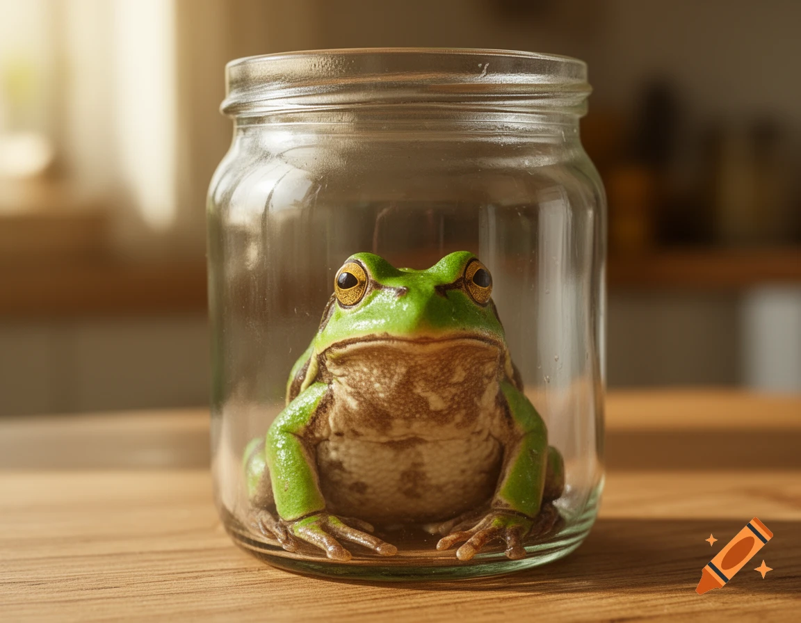 A green frog sits inside a clear glass jar on a wooden table, rendered in a realistic, photorealistic style.